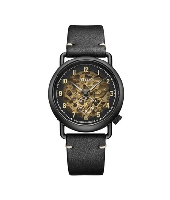 Exquisite三針自動機械皮革腕錶 